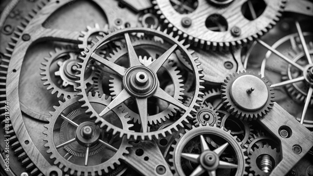 Close-up of an old clock mechanism showcasing intricate metal gears and cogs in motion, highlighting vintage engineering and the beauty of mechanical design Close-up of an old clock mechanism showcasing intricate metal gears and cogs in motion, highlighting vintage engineering and the beauty of mechanical design