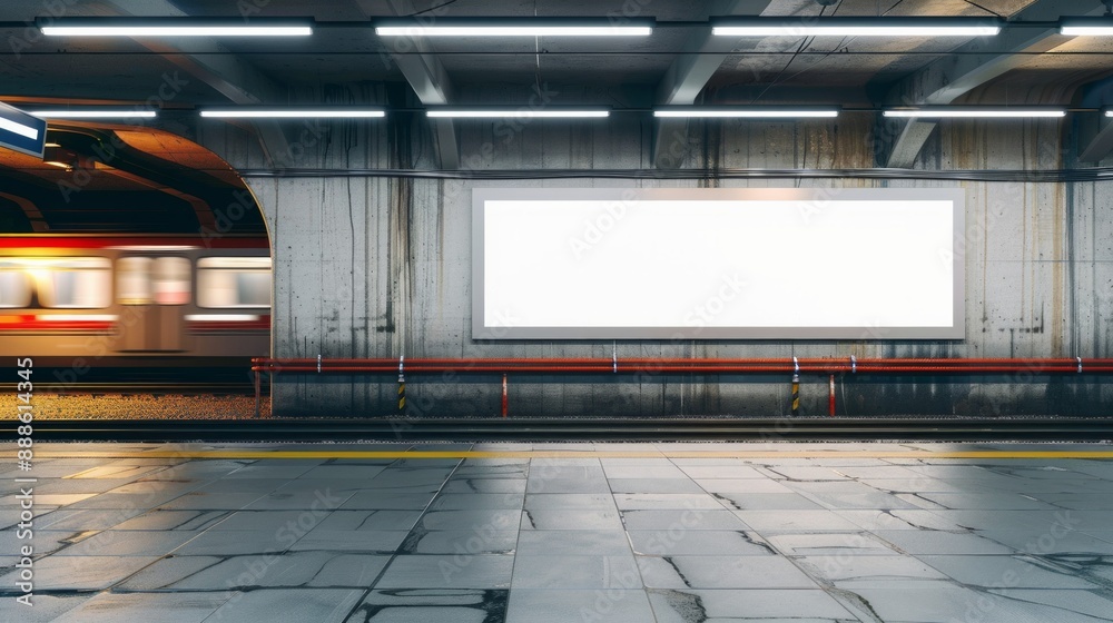 A train is passing through a tunnel with a white sign on the wall A train is passing through a tunnel with a white sign on the wall