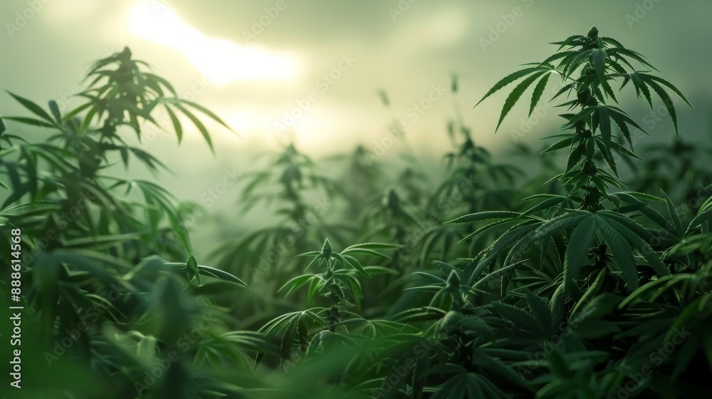 A field of marijuana plants with a cloudy sky in the background A field of marijuana plants with a cloudy sky in the background