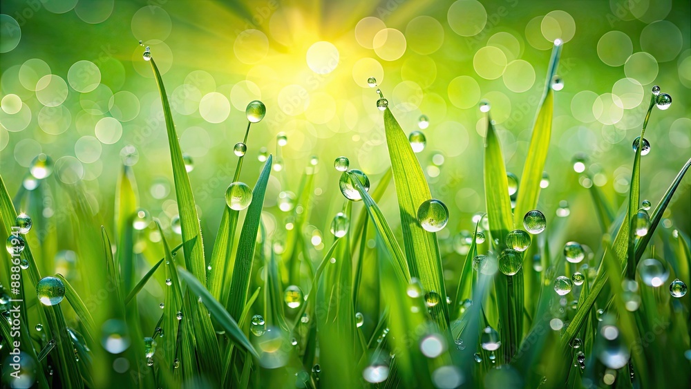Fototapeta premium Water drops glistening on vibrant green grass, nature, fresh, dew, morning, wet, close-up, environment, droplets, organic