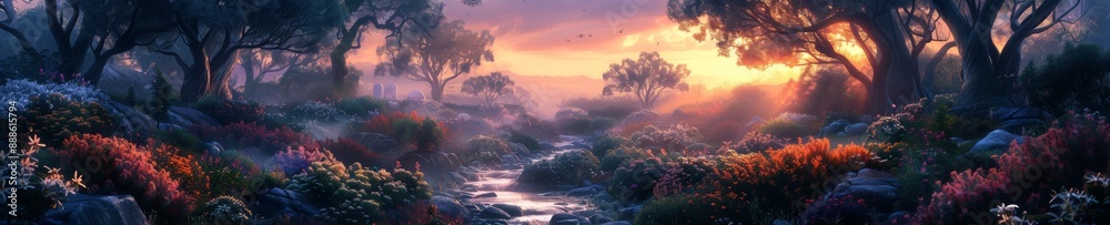 Fototapeta premium A beautiful landscape at sunset with purple colors over water.