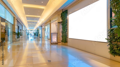 A large empty mall with a white wall and a green plant