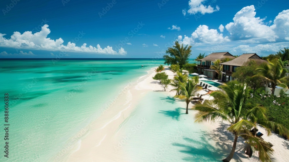 Naklejka premium A beautiful beach with palm trees and a clear blue ocean