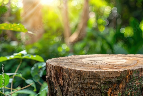 Wallpaper Mural Close-Up of Tree Stump in Lush Green Forest with Sunlight and Bokeh Background Torontodigital.ca