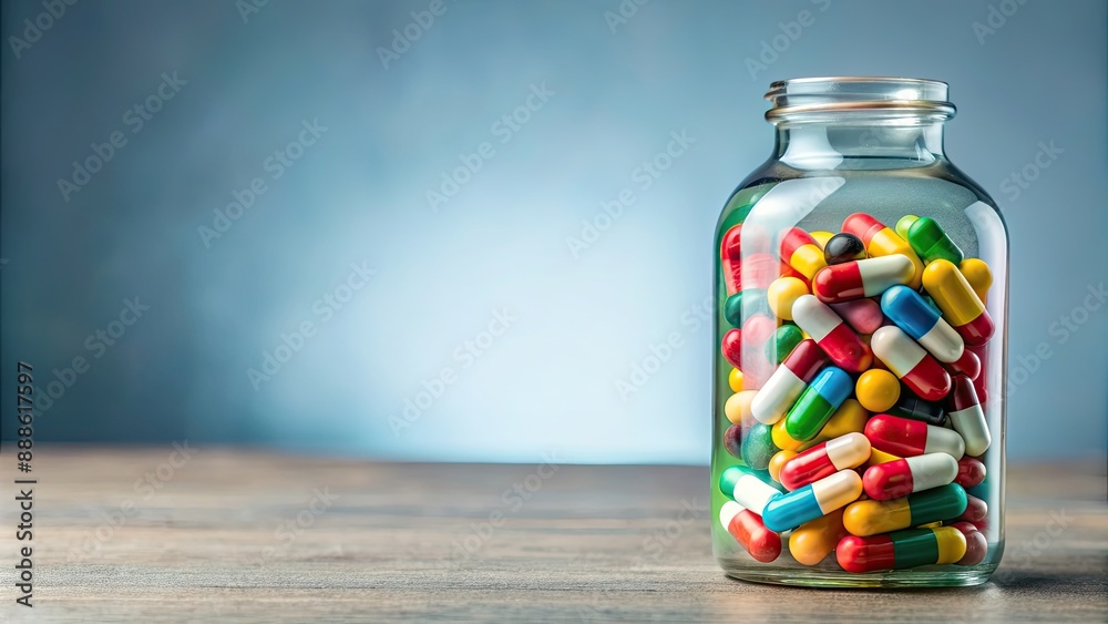 Colorful capsules and pills in a clear bottle at a drug center pharmacy, medicine, healthcare, pharmaceuticals