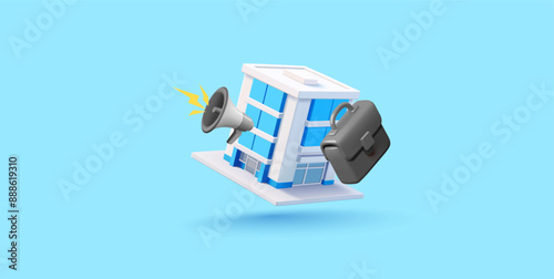 Modern 3D high-rise building, briefcase, loudspeaker. For commercial real estate investment, classifieds, buying and selling concepts. Banner for web design. Vector