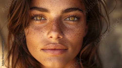 a beautiful 20 year old Greek women with brown hair, amber eyes, tanned skin, high cheek bones, defined facial features, imperfect skin, AI Generative