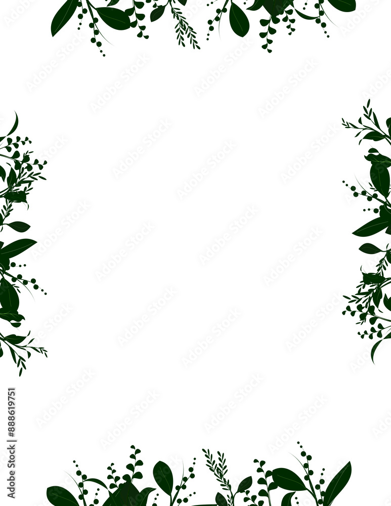 Leaves branch border, botanical plant frame illustration on transparent background Leaves branch border, botanical plant frame illustration on transparent background