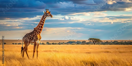 Giraffe standing tall in savannah landscape, wildlife, Africa, safari, nature, tall, spotted, animal