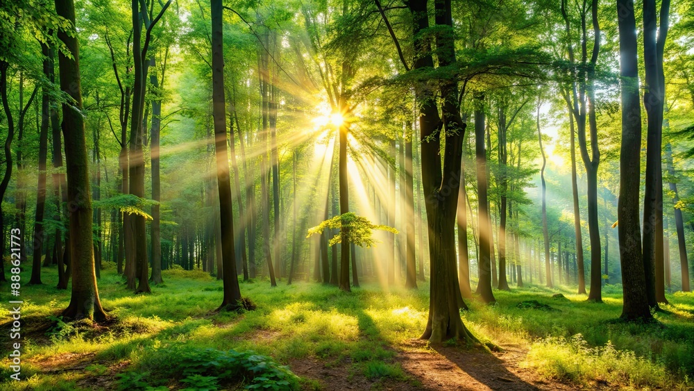 Obraz premium Sunlight filtering through the trees in a lush forest setting, nature, green, trees, foliage, outdoors, sunlight