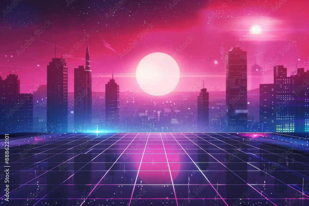 Retro background landscape 1980s style with modern futuristic city landscape Retro background landscape 1980s style with modern futuristic city landscape