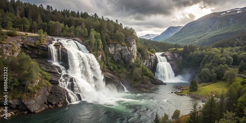 Scenic view of majestic waterfalls in Norway , nature, landscape, travel, tourism, Scandinavia, natural, beauty