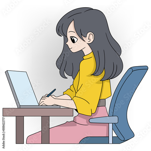 Focused Young Woman Working on Laptop at Desk with Stylus Pen