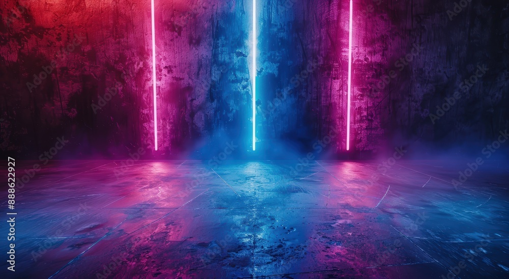 Abstract Background with Neon Blue and Red Lights in a Smoky Industrial Space Abstract Background with Neon Blue and Red Lights in a Smoky Industrial Space