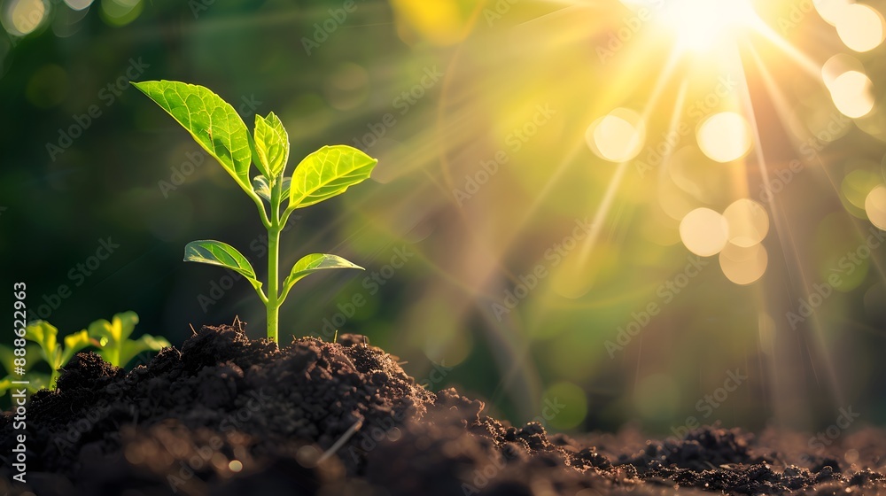 A beautiful green little plant coming out of the earthen soil with a beautiful blurred green background with sunbeams A beautiful green little plant coming out of the earthen soil with a beautiful blurred green background with sunbeams
