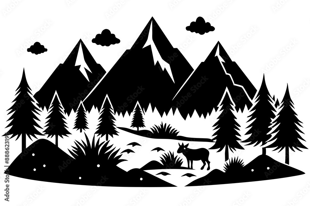 Obraz premium Mountain Tree Animals Silhouette Vector Illustration