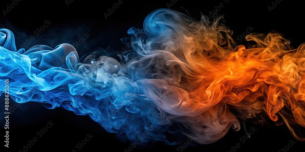 Fototapeta premium Blue and orange smoke swirling together for a vibrant and dynamic visual effect, blue, orange, smoke, abstract, background