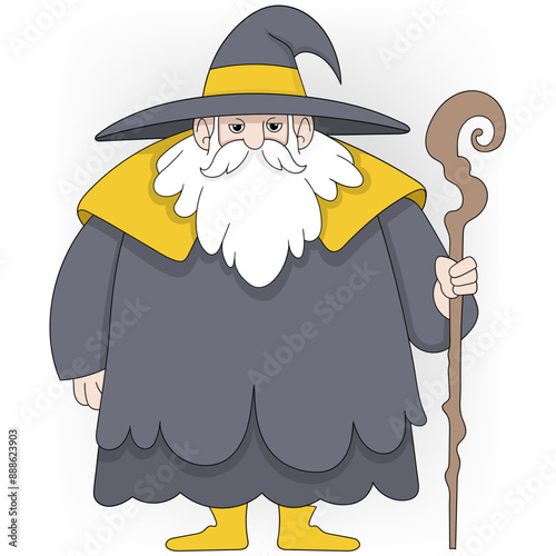 Wise Old Wizard with Staff and Hat in Mystical Attire