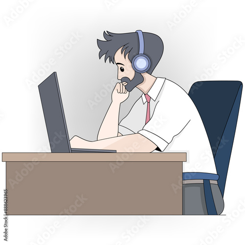 Young Man in Headphones Working on Laptop at Desk