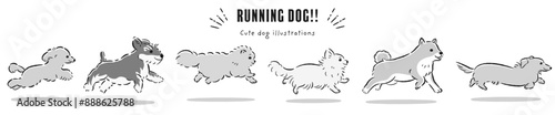 走る犬たちの手描きイラストセット