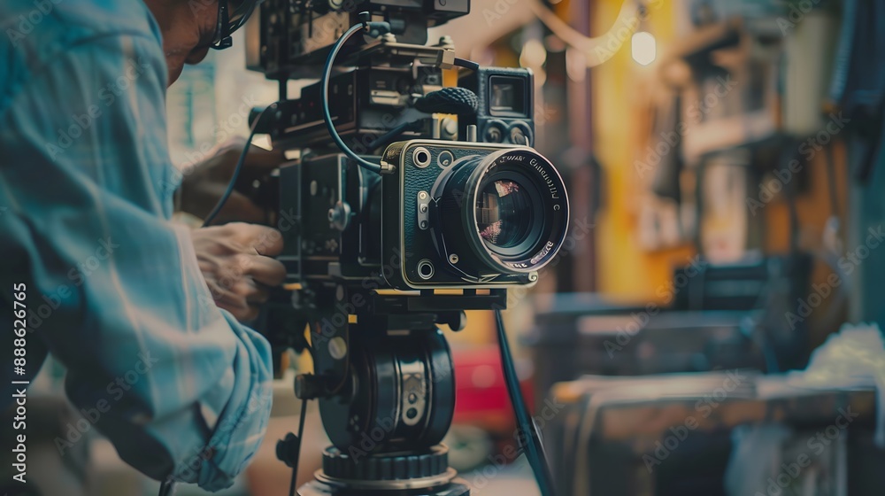 Naklejka premium camera, video, television, lens, studio, film, equipment, digital, technology, tv, movie, professional, news, media, broadcasting, interview, camcorder, filming, photography, broadcast, shooting, even