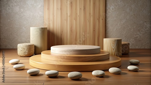 Wooden podium made of pieces of various shapes and sizes, adorned with smooth stones, wood, podium, pieces, stones © Sujid