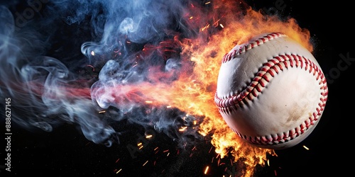 Baseball ball exploding and spewing smoke in , baseball, ball, exploding, smoke,, sport, competition, action, motion, impact