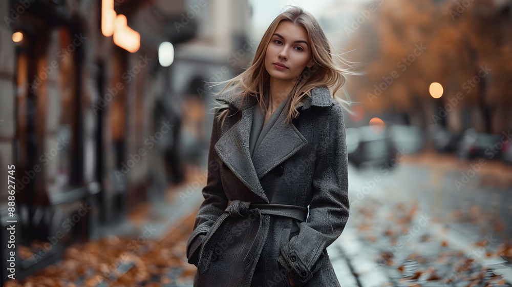 Elegant Woman in Chic Knee-Length Coat Standing Confidently on Busy City Street During Fall with Autumn Leaves Scattered on Ground Elegant Woman in Chic Knee-Length Coat Standing Confidently on Busy City Street During Fall with Autumn Leaves Scattered on Ground