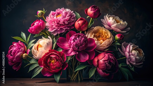 Fototapeta Naklejka Na Ścianę i Meble -  Rich deep colored baroque flowers, peonies on a dark background, baroque, flowers, peonies, rich, deep, colors