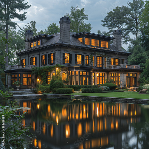 Elegant Grey Manor with Expansive Grounds and a Reflective Pool: Majestic Residential Beauty