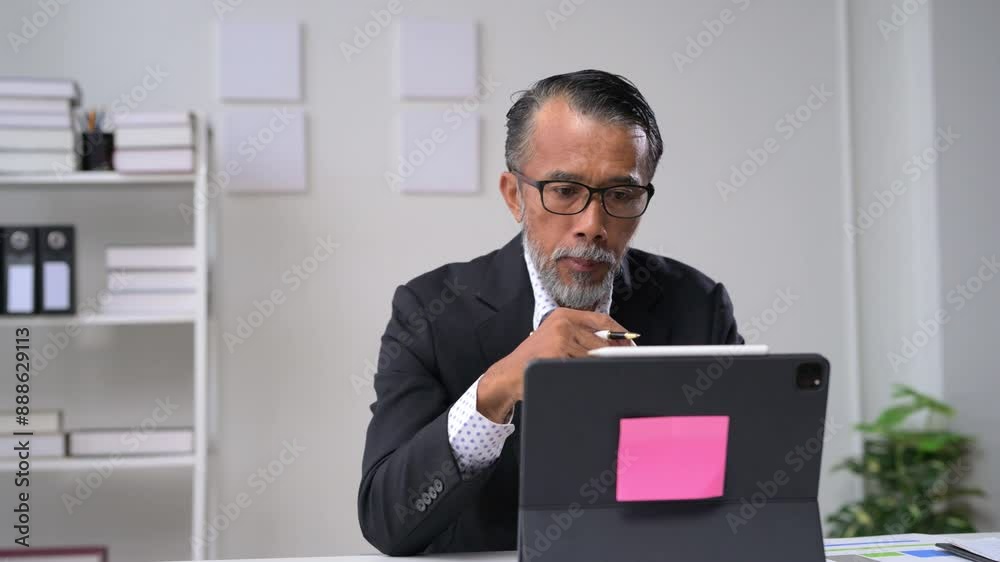 Businessman uses a tablet for a professional video call in a modern office. Focused and efficient interaction in a well-organized workspace Businessman uses a tablet for a professional video call in a modern office. Focused and efficient interaction in a well-organized workspace