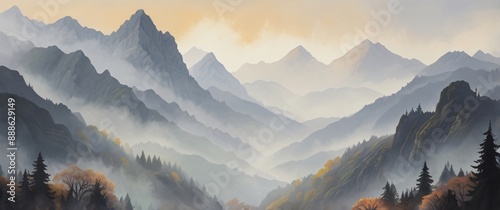 illustration of beauty mountains with mist 