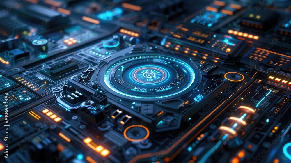 Futuristic Circuit Board with Glowing Blue and Orange Lights Depicting Advanced Technology and Innovation Futuristic Circuit Board with Glowing Blue and Orange Lights Depicting Advanced Technology and Innovation