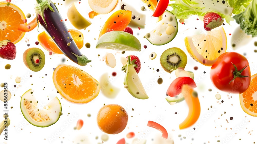 Fresh fruits and vegetables in mid-air, isolated on white, capturing the essence of healthy and wholesome eating Fresh fruits and vegetables in mid-air, isolated on white, capturing the essence of healthy and wholesome eating