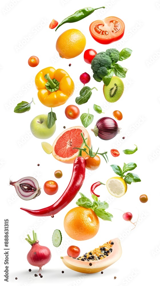 Fresh fruits and vegetables in mid-air, isolated on white, capturing the essence of healthy and wholesome eating Fresh fruits and vegetables in mid-air, isolated on white, capturing the essence of healthy and wholesome eating
