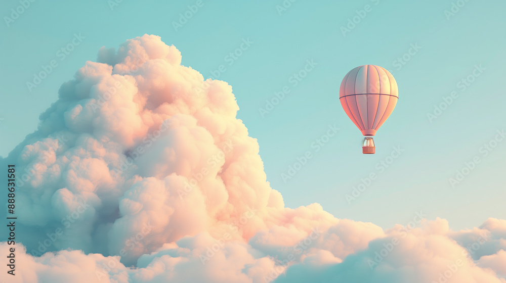 Fototapeta premium Pink Hot Air Balloon Floating Among Soft Clouds in Blue Sky..