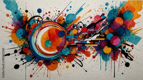 Panel kuchenny z motywem A hand-drawn abstract composition, bold lines and shapes, vibrant color splashes, geometric and organic forms interwoven, on a white canvas. Background is simple to highlight the complexity of the dra