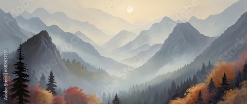 illustration of beauty mountains with mist 