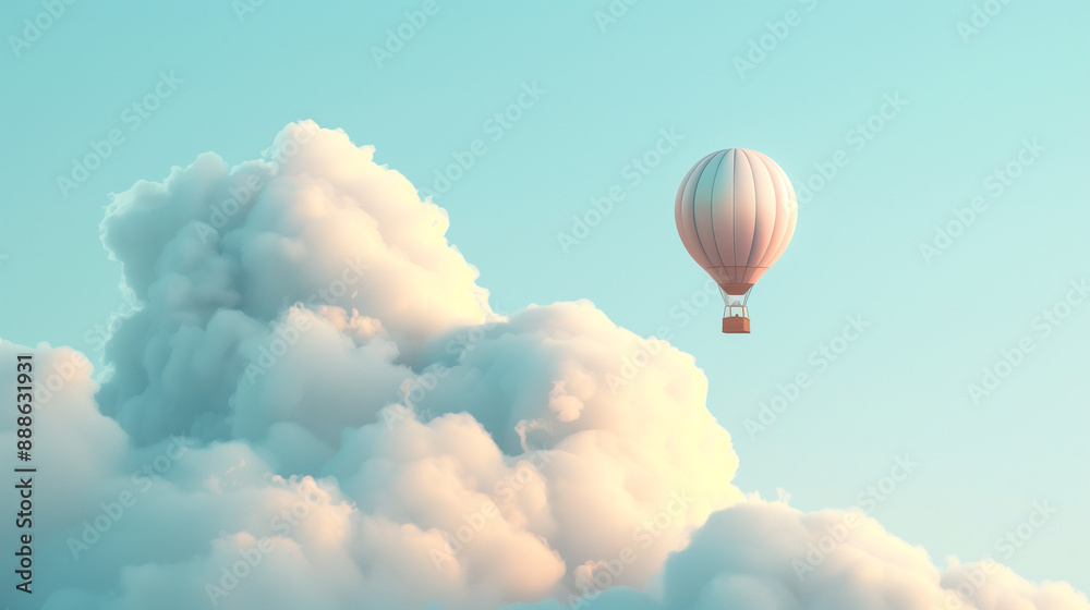 Fototapeta premium Pink Hot Air Balloon Floating Among Soft Clouds in Blue Sky..