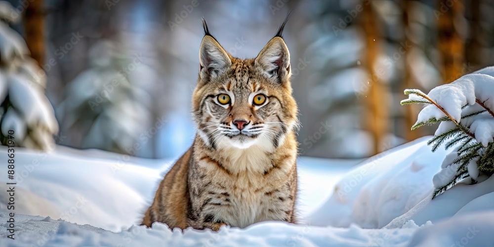 Vigilant lynx kitten with piercing eyes in a snowy forest , lynx, kitten, vigilant, snowy, forest, wildlife, nature, predator, cold Vigilant lynx kitten with piercing eyes in a snowy forest , lynx, kitten, vigilant, snowy, forest, wildlife, nature, predator, cold