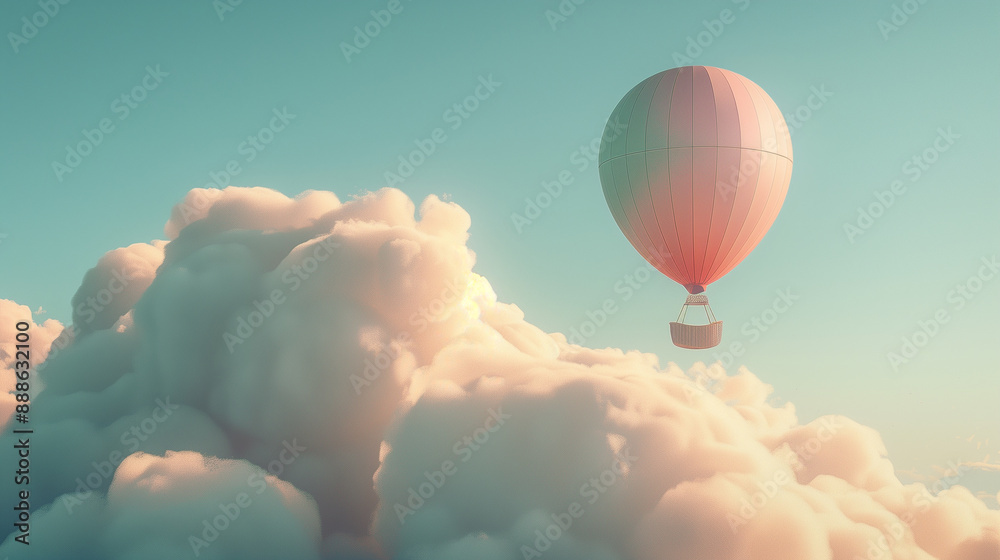 Obraz premium Pink Hot Air Balloon Floating Among Soft Clouds in Blue Sky..