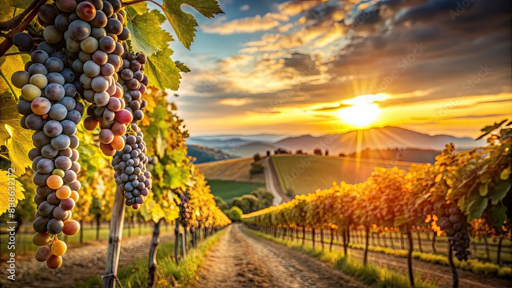 Fototapeta premium Ripe grapes basking in the golden light of sunset in a picturesque vineyard in Tuscany, Italy, grapes, vineyard, sunset