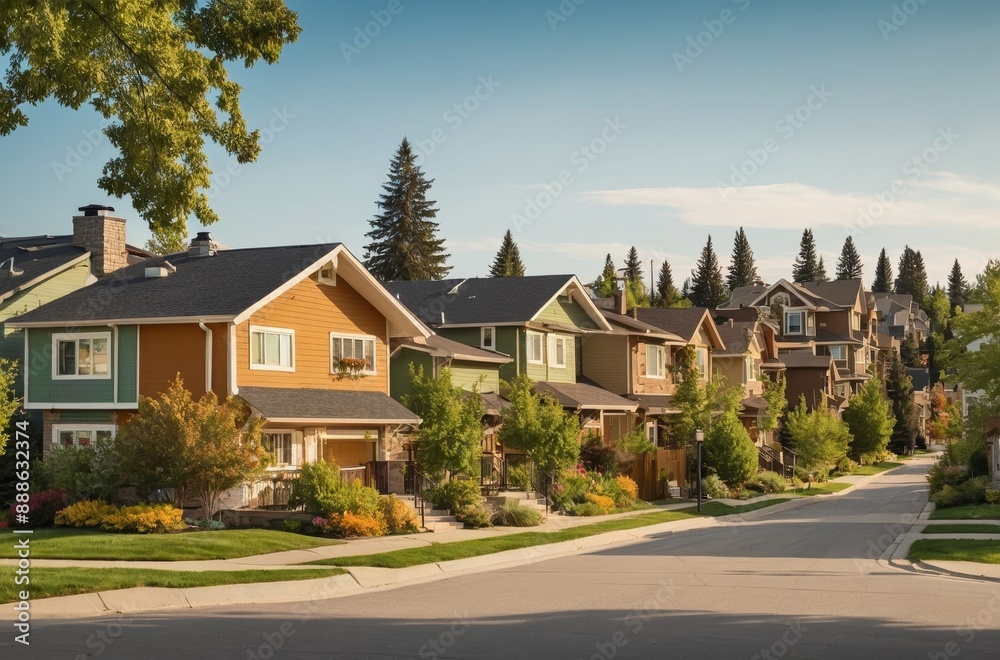 Row of colorful houses line quiet street in sunny suburb with lush landscaping and trees Row of colorful houses line quiet street in sunny suburb with lush landscaping and trees