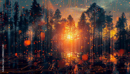 Futuristic forest with sunset and digital overlay, blending nature with technology in a mesmerizing, science fiction setting.