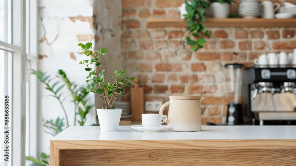 A modern coffee shop interior with exposed brick walls and industrial lighting. A modern coffee shop interior with exposed brick walls and industrial lighting.