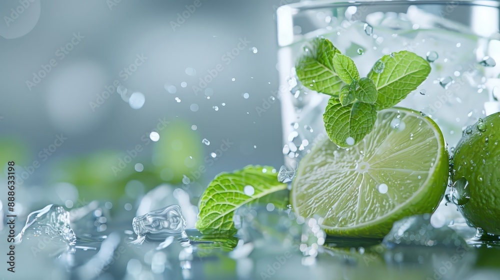 A close-up of a mojito with muddled mint leaves and lime wedges. A close-up of a mojito with muddled mint leaves and lime wedges.