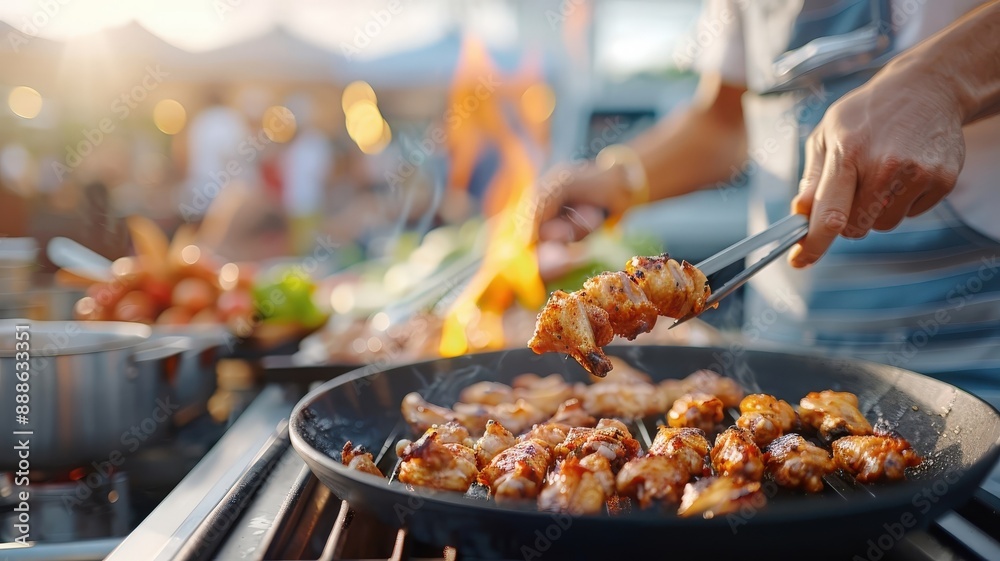 Naklejka premium A food truck grilling chicken wings over an open flame, attracting a hungry crowd.