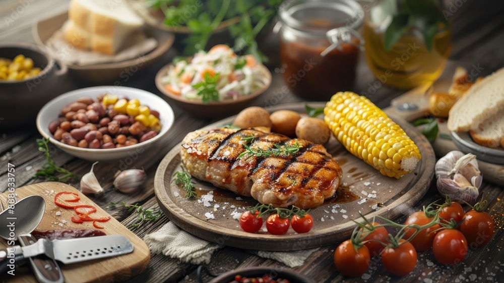 A rustic picnic table laden with a variety of BBQ delights. A rustic picnic table laden with a variety of BBQ delights.