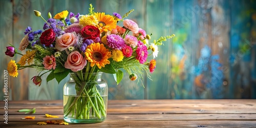 Obraz na płótnie Beautiful bouquet of various colorful flowers in a glass vase, flowers, floral, arrangement, vibrant, colorful, vase, bouquet w salonie