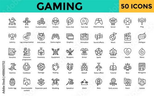 Gaming icon set with cosmetics, skins, customization, emotes, voice chat, text chat, matchmaking, server, lag, ping icon. Simple line vector 